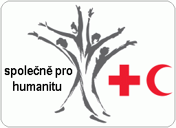 Nápis společně pro humanitu, postavy v kruhu, logo červeného kříže, logo červeného půlměsíce
