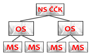 Organizační schéma Českého červeného kříže. Národní společnost se dělí na Oblastní spolky, ty se dále dělí na Místní skupiny.